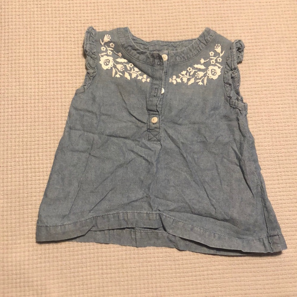 Embroidered chambray flutter sleeve top